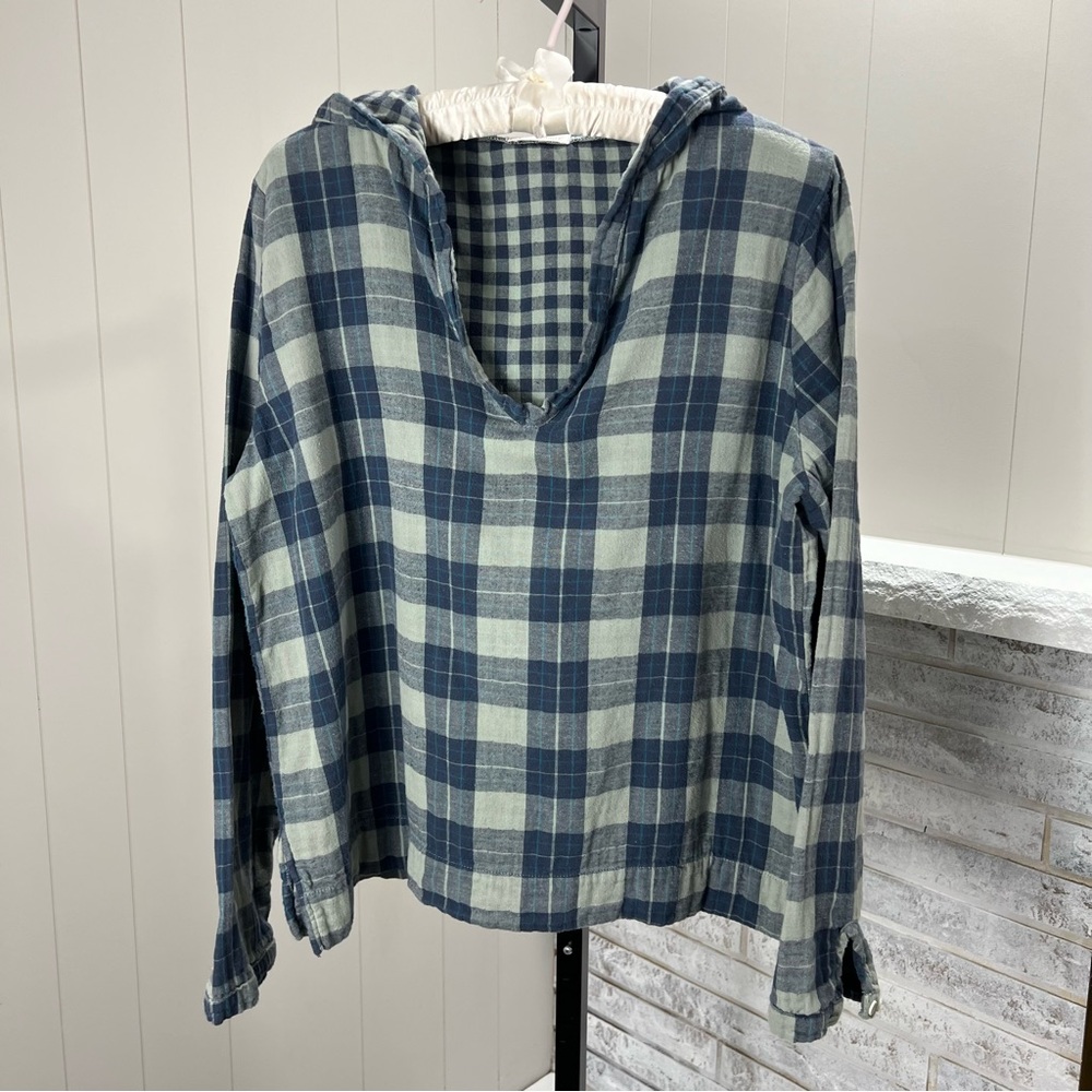 Free People x CP Shades Navy Sage Green Check Plaid Long Sleeve Hoodie Top M